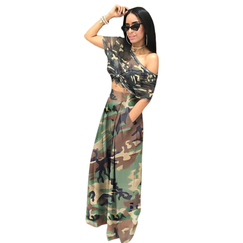 Women Camouflage Print Elastic Waist Wide Leg Pants Casual Pants Trousers