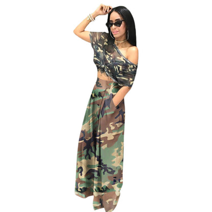 Women Camouflage Print Elastic Waist Wide Leg Pants Casual Pants Trousers