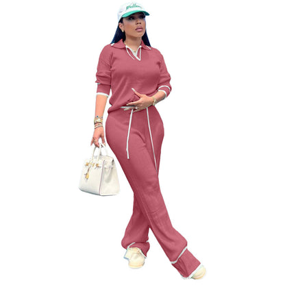 Conjunto de dos piezas de top de punto informal de manga larga y pierna ancha para mujer
