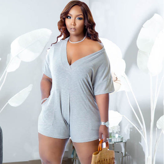 Plus Size Women Casual Imitation Cotton Plus Size One-Piece Short Sleeve Rompers