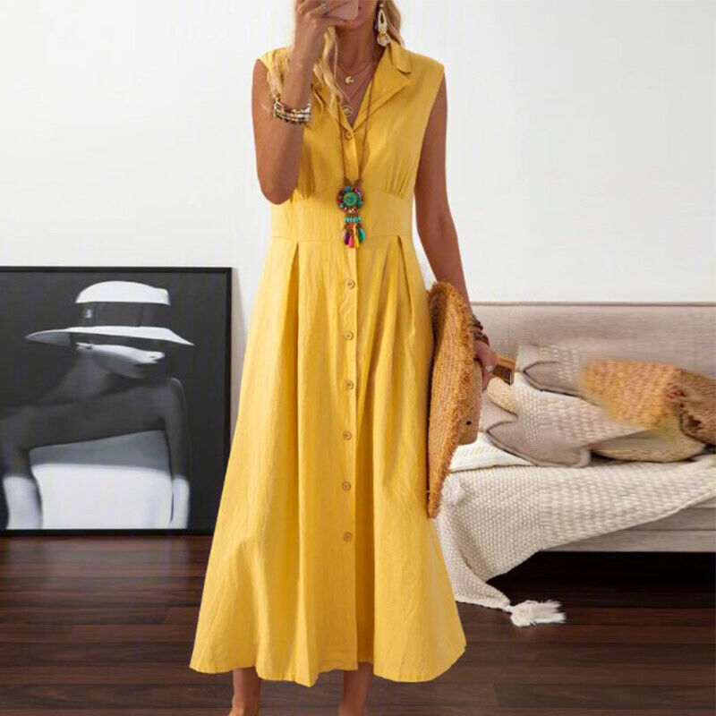Vestido informal de color liso con solapa y botones para mujer