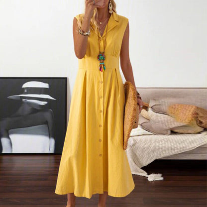 Vestido informal de color liso con solapa y botones para mujer