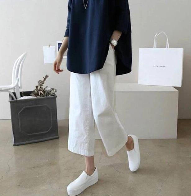 Pantalones de pierna ancha de color liso holgados informales básicos de verano para mujer
