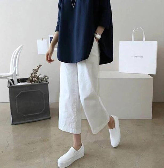 Pantalones de pierna ancha de color liso holgados informales básicos de verano para mujer
