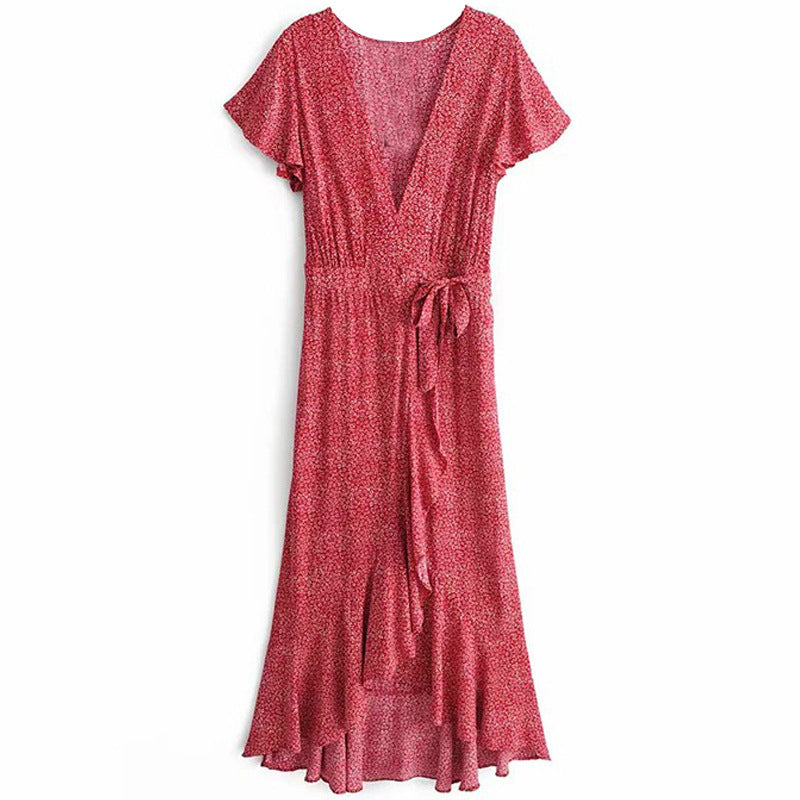 Women Fashion Casual Tiny Flower Printing Ruffled Irregular Wrap Dress