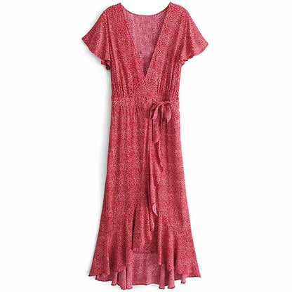 Women Fashion Casual Tiny Flower Printing Ruffled Irregular Wrap Dress