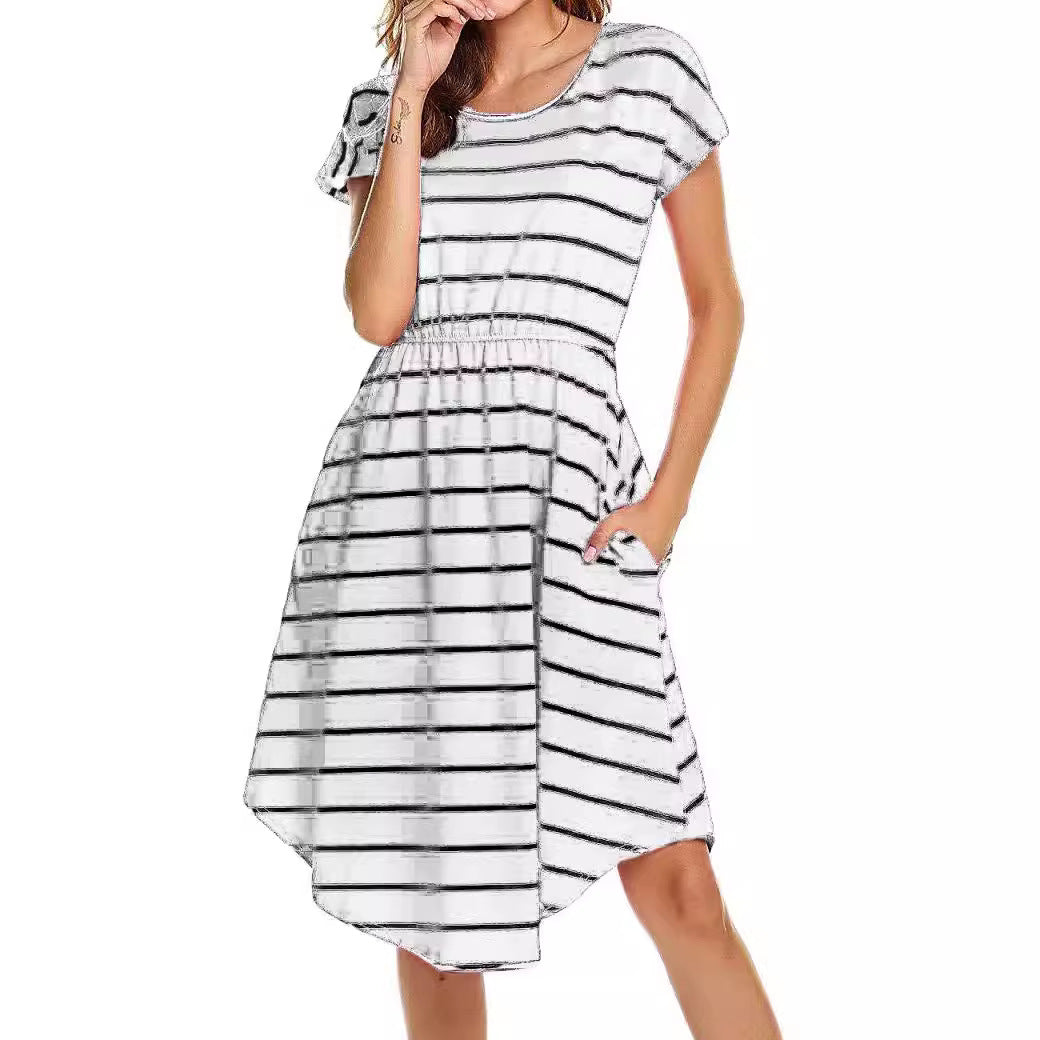 Pregnant Woman Fashion Casual Stripe Round-Neck Short-Sleeve Breastfeeding Dress