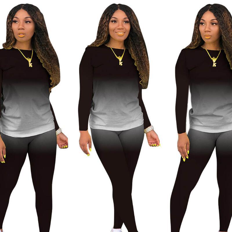 Conjunto de dos piezas de camiseta y pantalones de manga larga con degradado de color para mujer, estilo casual de otoño