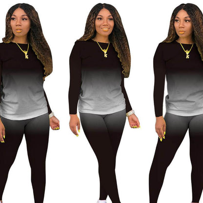 Conjunto de dos piezas de camiseta y pantalones de manga larga con degradado de color para mujer, estilo casual de otoño