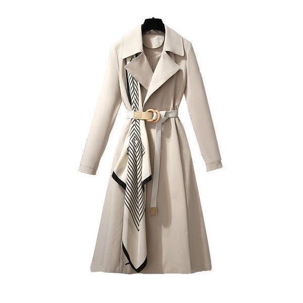 Women Fashion Casual Solid Color Silk Scarf Belt Long Sleeve Coat Jacket