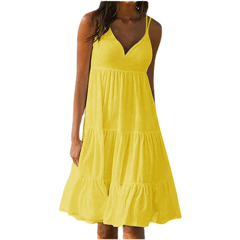 Vestido holgado informal de verano para mujer, con escote en V y tirantes finos, color liso