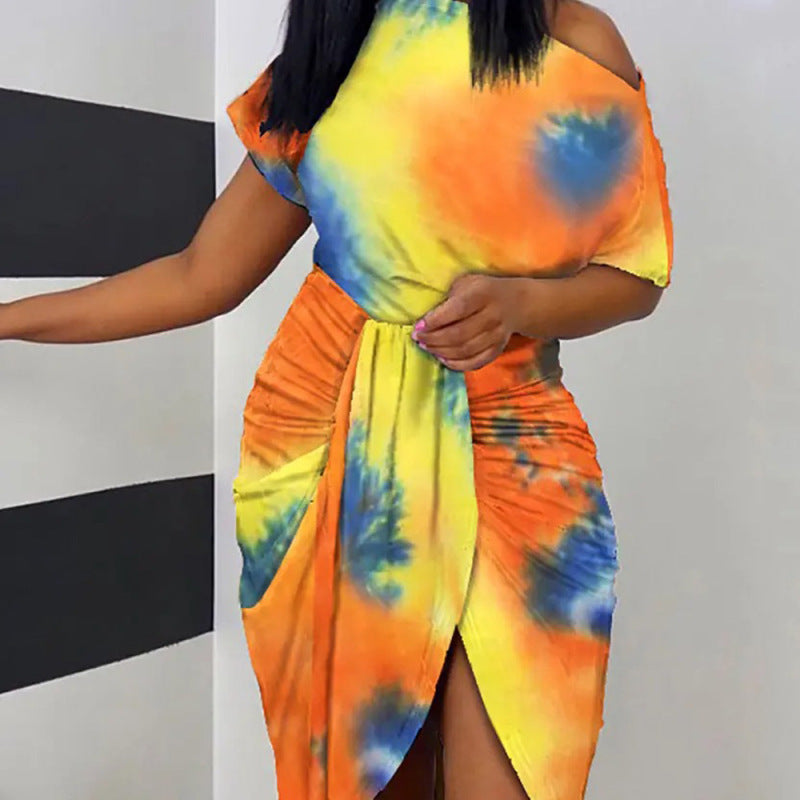 Women Slanted Shoulder Printed Short Sleeve Neck Waist Irregular Casual Dress