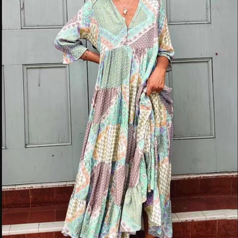 Summer Women Fashion Casual V-Neck Geometric Print Long Sleeve Maxi Dress