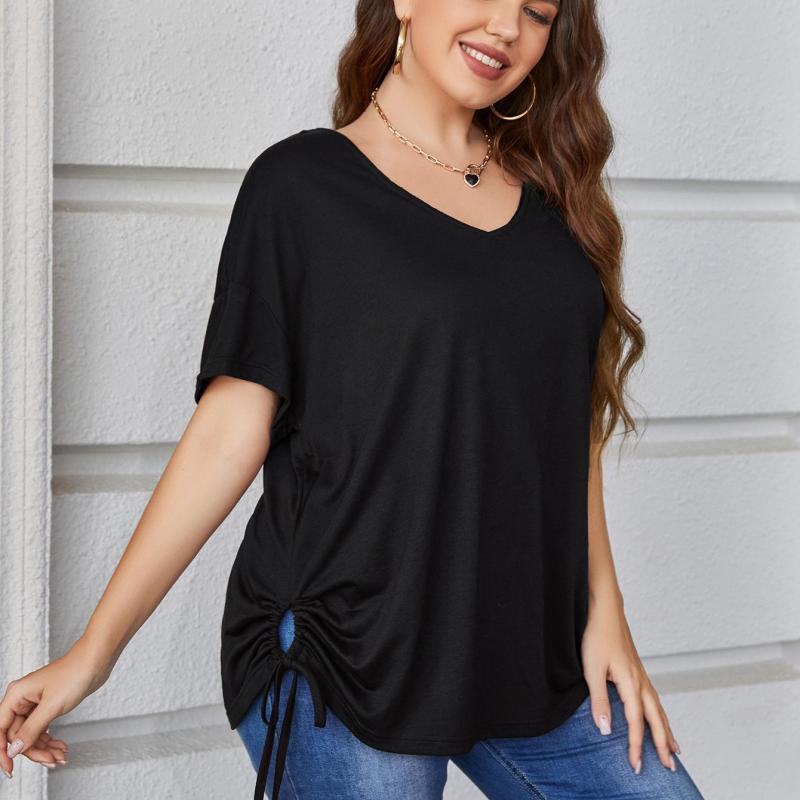 Women Plus Size Casual Solid Color Short Sleeve Drawstring Top