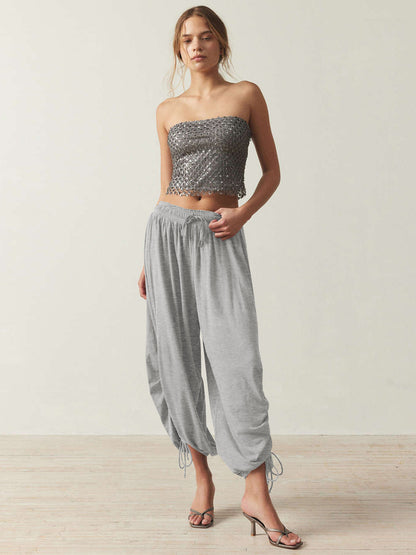 Women Casual Solid Color Drawstring Loose Pants