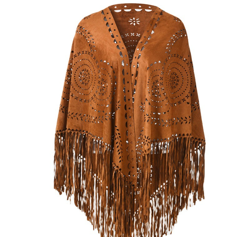 Abrigo chal con borlas huecas de ante de color liso informal a la moda para mujer