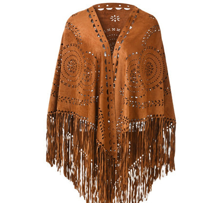 Abrigo chal con borlas huecas de ante de color liso informal a la moda para mujer