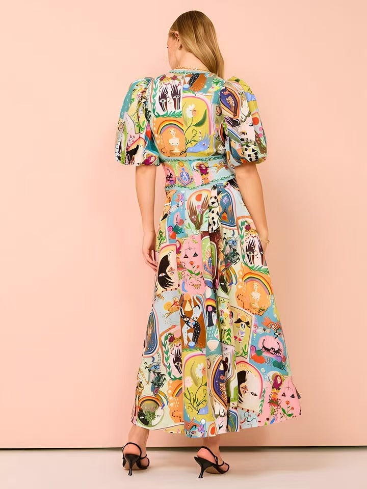 Vestido informal de vacaciones con cuello en V y mangas abullonadas para mujer