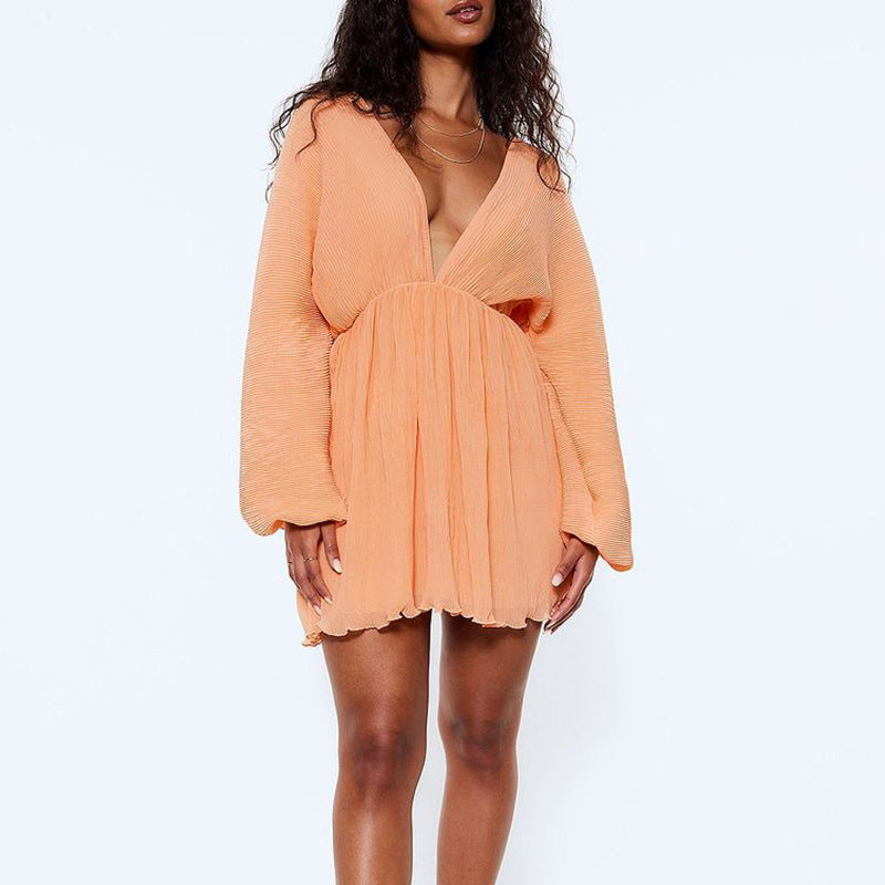 Vestido informal sexy de color sólido, suelto, de manga larga y escote en V profundo para mujer