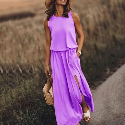 Women Casual Solid Color Sleeveless Side-Slit Maxi Dress