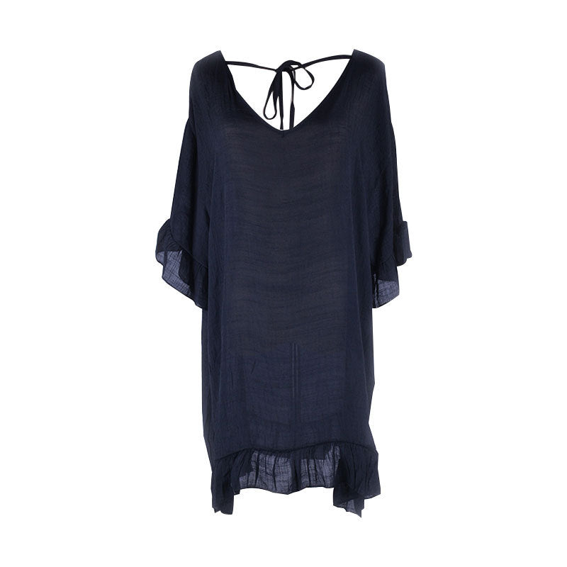 Traje de baño de playa informal de manga corta con volantes y escote en V de color liso para mujer