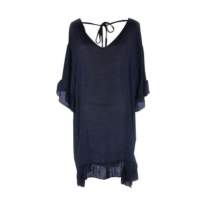 Traje de baño de playa informal de manga corta con volantes y escote en V de color liso para mujer