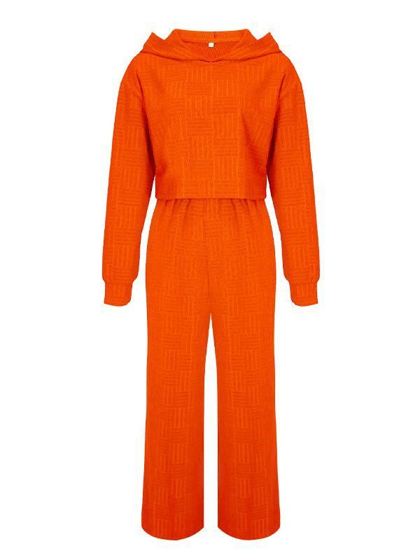 Conjunto de dos piezas informal de color liso con capucha y pantalones de pierna ancha de manga larga para mujer