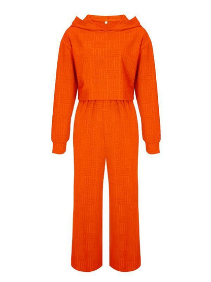 Conjunto de dos piezas informal de color liso con capucha y pantalones de pierna ancha de manga larga para mujer