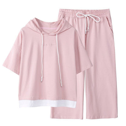 Women Casual Sports Short-Sleeved Hooded Top Pants Two-Piece Set