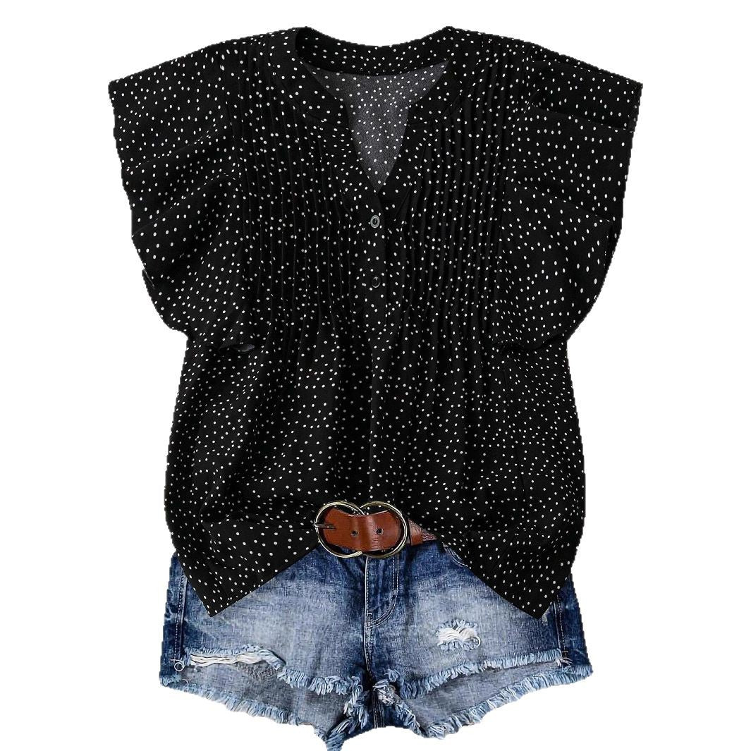 Blusa informal sin mangas con cuello en V y estampado de lunares plisados de color liso para mujer