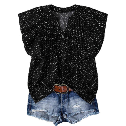 Blusa informal sin mangas con cuello en V y estampado de lunares plisados de color liso para mujer