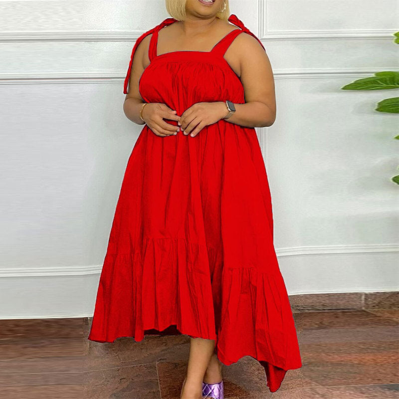 Women Fashion Casual Plus Size Solid Color Sling Dress