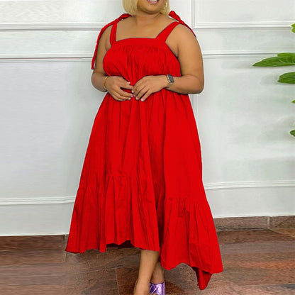 Women Fashion Casual Plus Size Solid Color Sling Dress
