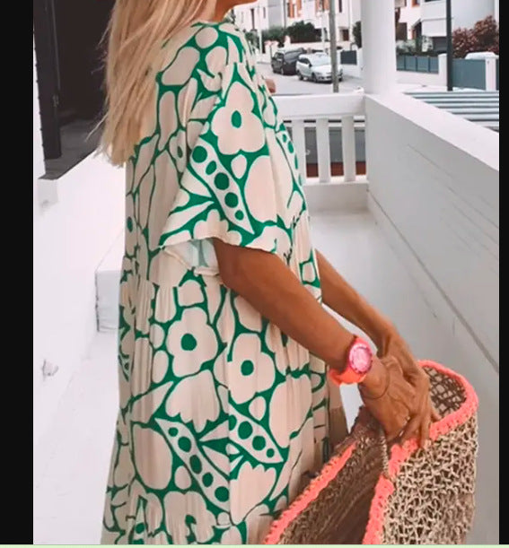 Vestido largo informal de verano con estampado floral y cuello en V para mujer