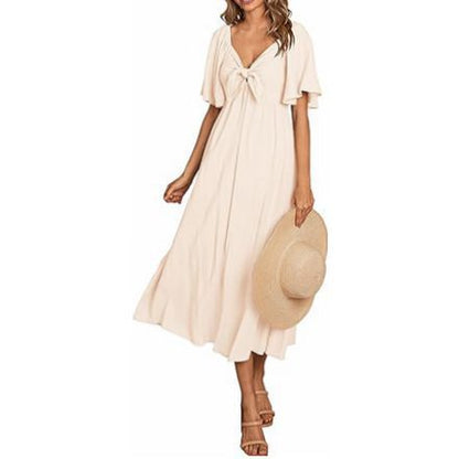 Vestido informal de manga corta con lazo y escote en V para mujer