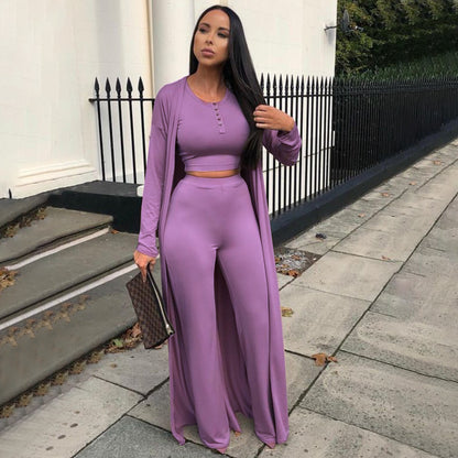 Conjunto casual de tres piezas con top y pantalón de color liso para mujer
