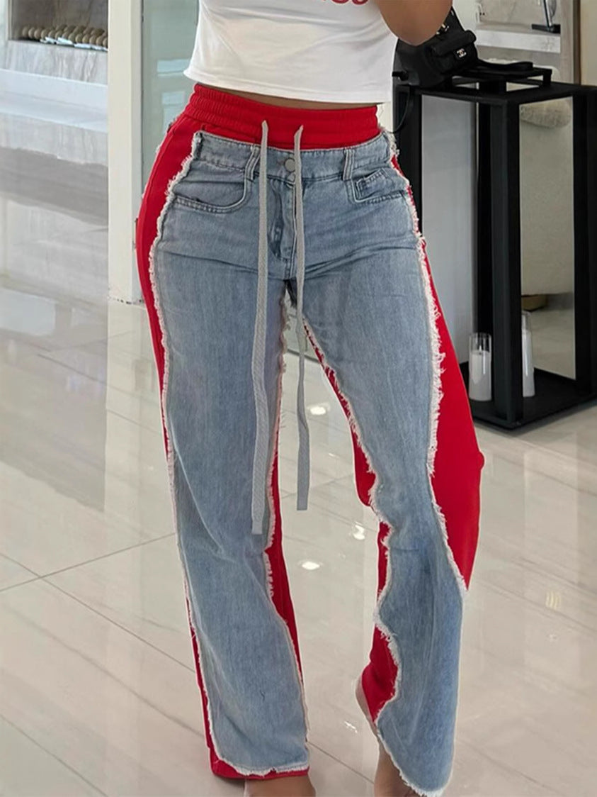 Women Fashion Casual Stitching Drawstring Jeans
