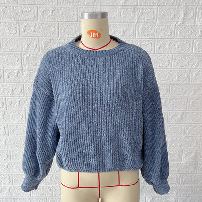 Autumn And Winter Solid Color Casual Round Neck Lantern Sleeve Short Knitted Pullover Sweater Women