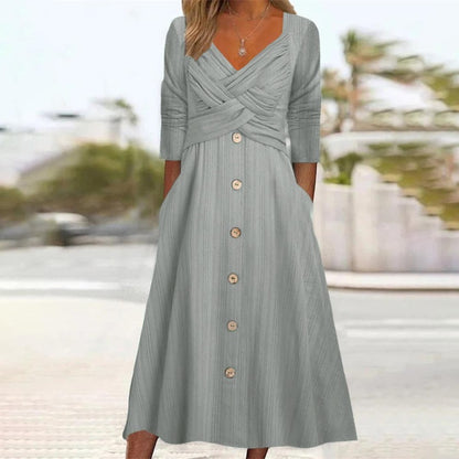 Casual Fashion Women Solid Color V Neck Cross Design Buttoned Maxi Dress