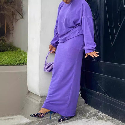 Autumn Winter Women Casual Solid Color Round Neck Long-Sleeved Sweatshirt Skirt Two-Piece Set