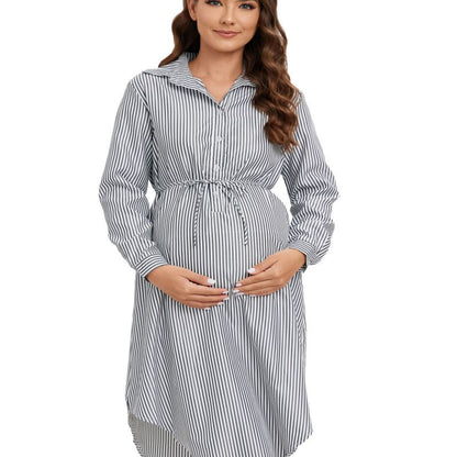 Vestido de maternidad informal con solapa y manga larga a rayas