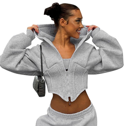Women Fashion Autumn And Winter Casual Zipper Long Sleeve Hooded Cardigan Short Jacket