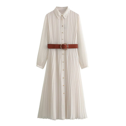 Wome Casual Summer Fashion Belt Midi Pleated Long Sleeve Shirt Dress
