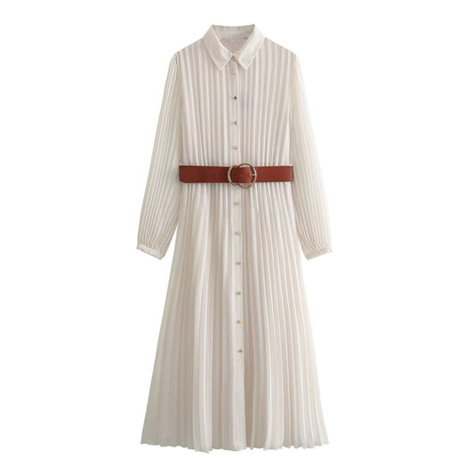 Wome Casual Summer Fashion Belt Midi Pleated Long Sleeve Shirt Dress