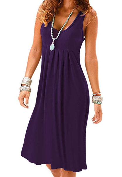 Women Casual Solid Color Loose Pleated Sleeveless Dress