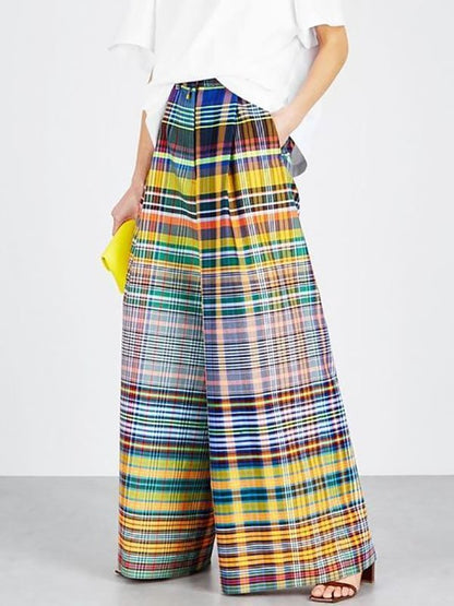 Summer Fashion Colored Grid Prined Loose Casual Women Straight Pants