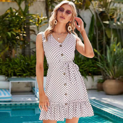 Women Fashion Casual Summer Vacation Polka Dot Print Sleeveless V Neck Ruffled Dress
