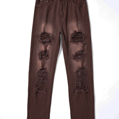 Vaqueros de cintura alta para mujer, de color liso, rotos, informales, a la moda