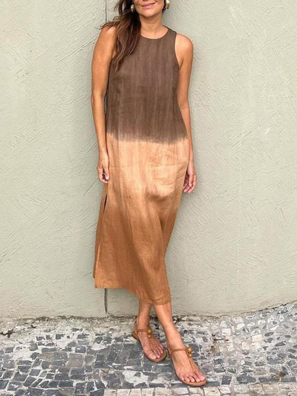 Vestido midi informal de verano para mujer, de algodón y lino, sin mangas, con abertura lateral y color degradado