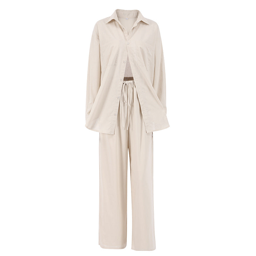 Conjunto de dos piezas de camisa y pantalón de algodón de manga larga para mujer, informal, de otoño e invierno